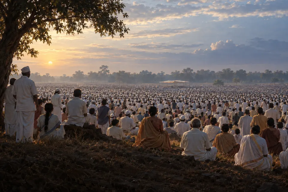 A vast open ground in Nagpur on 14 October 1956 filled with hundreds of thousands of new Buddhist converts in simple cotton dress, seen small from behind, wide sky, blue dawn; no likeness