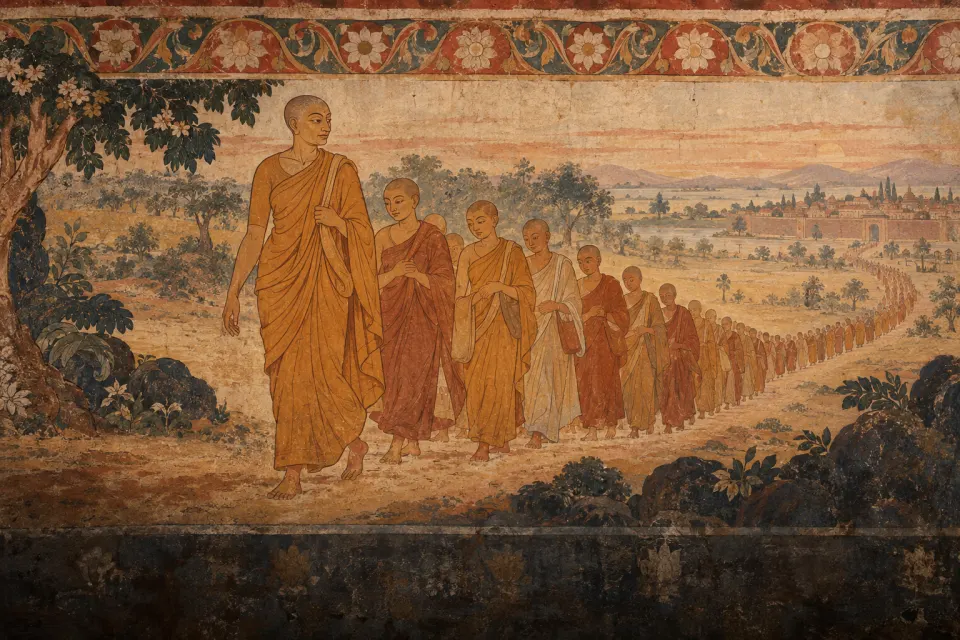 Illustration · AI-generated Mahāprajāpatī Gautamī, shaven-headed in an ochre robe, leading 500 Śākya women on the road to Vaiśālī, as a Kandyan temple mural of Sri Lanka, dust and pale dawn