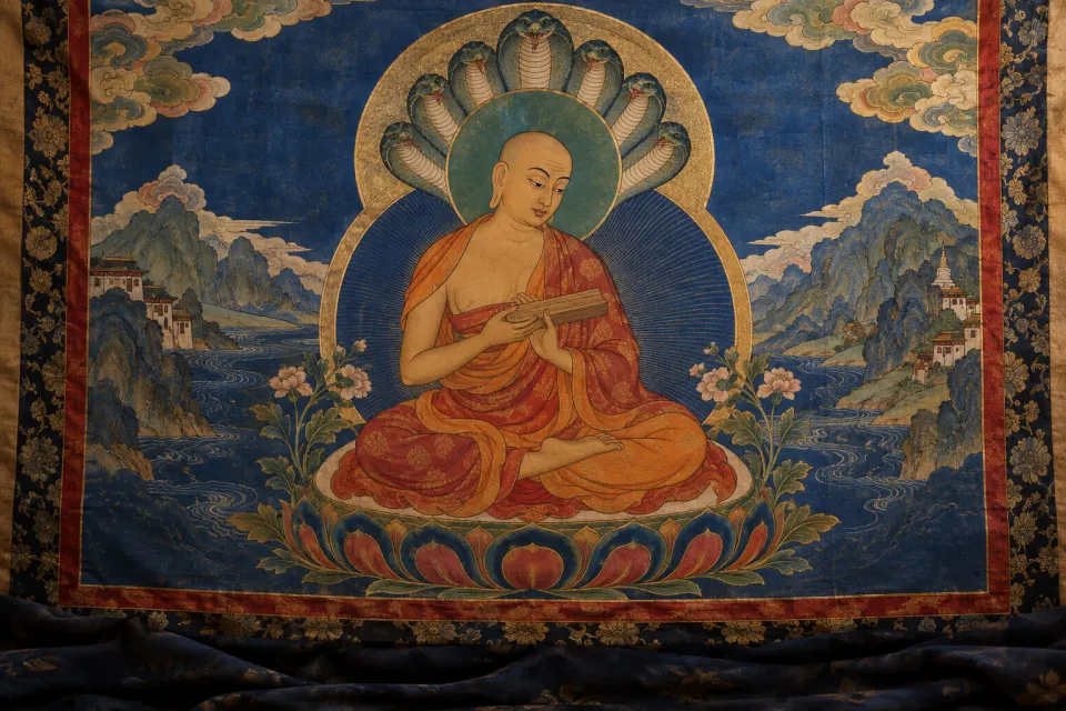 Illustration · AI-generated Nāgārjuna as a South Indian monk under a canopy of serpent nāgas, holding the Root Verses manuscript, as a Tibetan thangka in mineral blue and gold