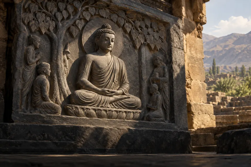 Illustration · AI-generated Śākyamuni seated in meditation under a bodhi tree with halo and monastic robe, as a 2nd-century Gandhāran schist relief, dark stone, hard noon light