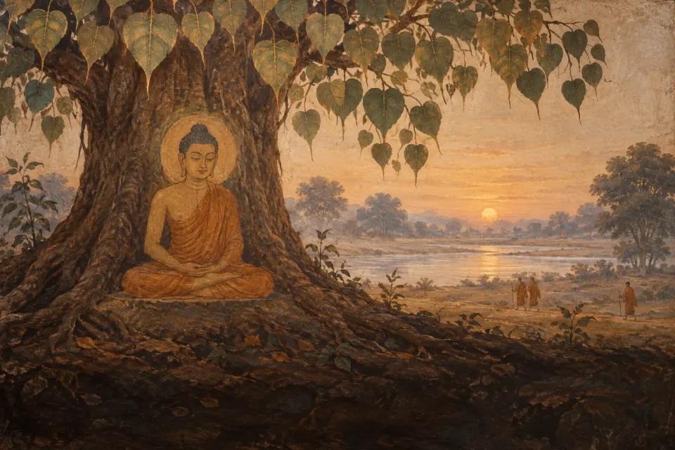 A Śākya prince turned ascetic seated under a great fig tree at Bodh Gayā beside a quiet river, wandering śramaṇas in ochre watching from afar, misty dawn of the 5th century BCE