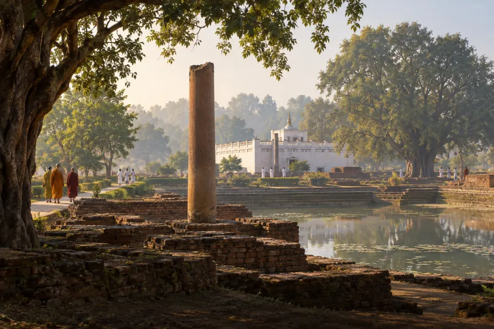 The Ashokan pillar at Lumbini on the flat plain of southern Nepal, brick ruins and sacred pond around it, pilgrims in white and monks in saffron, soft morning haze