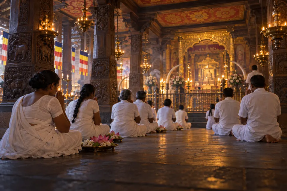 Sri Lankan lay Buddhists in white on an observance day kneeling with flowers and joined hands in the Temple of the Tooth, Kandy, lamp-lit evening, brass lamps and incense