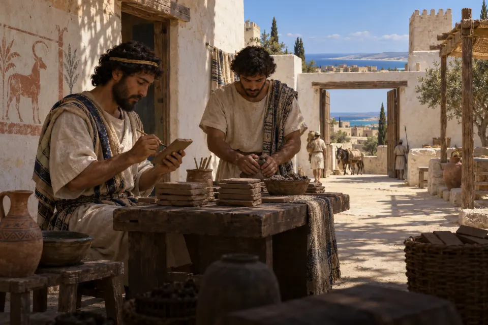 Scribes pressing alphabetic cuneiform tablets in a palace courtyard at Ugarit on the Syrian coast, c. 1250 BCE, whitewashed stone buildings above the harbour, hard noon sun and Mediterranean blue