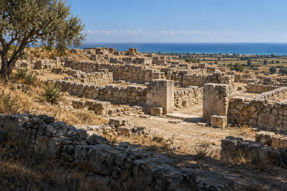 The ruined palace walls and temple foundations of Ugarit on the mound of Ras Shamra, pale limestone and rubble above the blue Syrian coast, hard clear noon sun