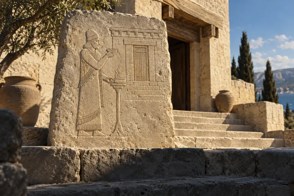 A khnm priest in a long fringed linen robe at the steps of an Ugarit temple, bronze offering stand and incense, as a Late Bronze Age Levantine carved stele, hard noon sun on pale limestone