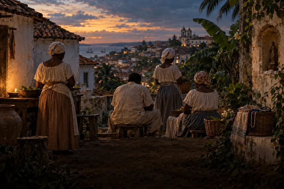 Salvador, Bahia, in the early 1800s: a hillside yard of enslaved Nagô, Jêje and Angolan families seen from behind, a Catholic saint's niche with African stones and beads hidden behind it, lamp-lit dusk