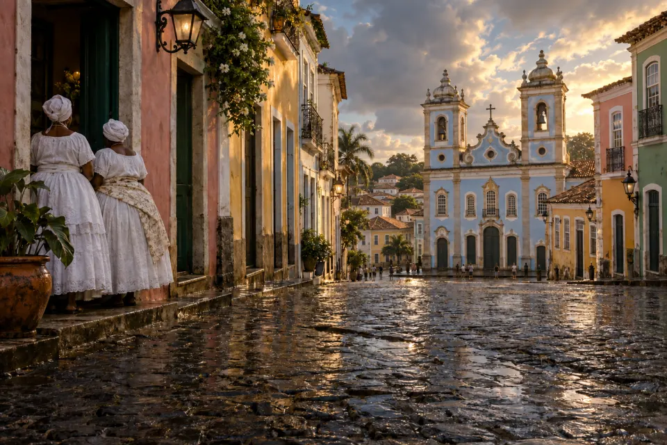 The colonial Pelourinho historic centre of Salvador, Bahia: pastel baroque church fronts on cobbled slopes, ordinary Baianas in white at a doorway seen from behind, rain-washed tropical light after a storm