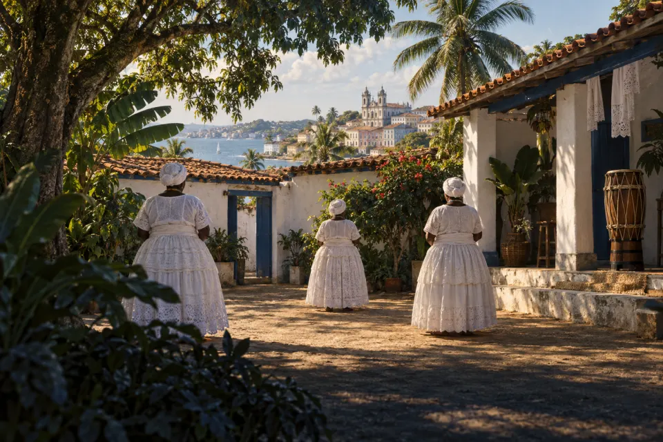 A Candomblé terreiro in Salvador, Bahia: whitewashed shrine houses around a swept earth yard, women in white lace skirts and head-ties seen from behind, a drummer's atabaque, palm fronds, afternoon light
