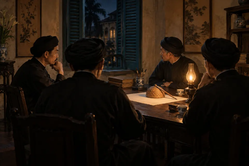 Vietnamese men in black ao dai and turbans seated around a table with a basket-and-pencil planchette in a 1920s Saigon room, oil lamp, shuttered French colonial windows, quiet lamp-lit night