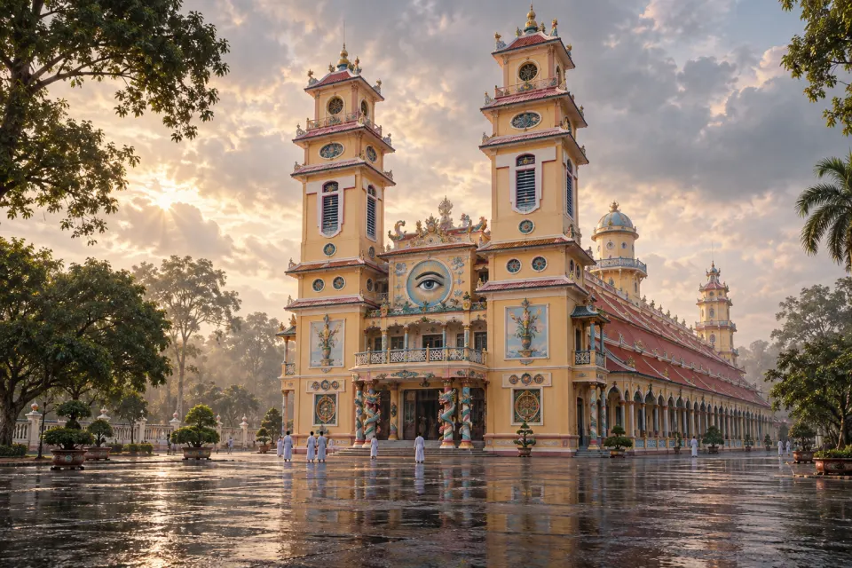 The Cao Dai Holy See at Tay Ninh, Vietnam, its pastel yellow and pink twin-towered facade with dragon-wound pillars and the Divine Eye, wet courtyard after rain, soft tropical morning mist