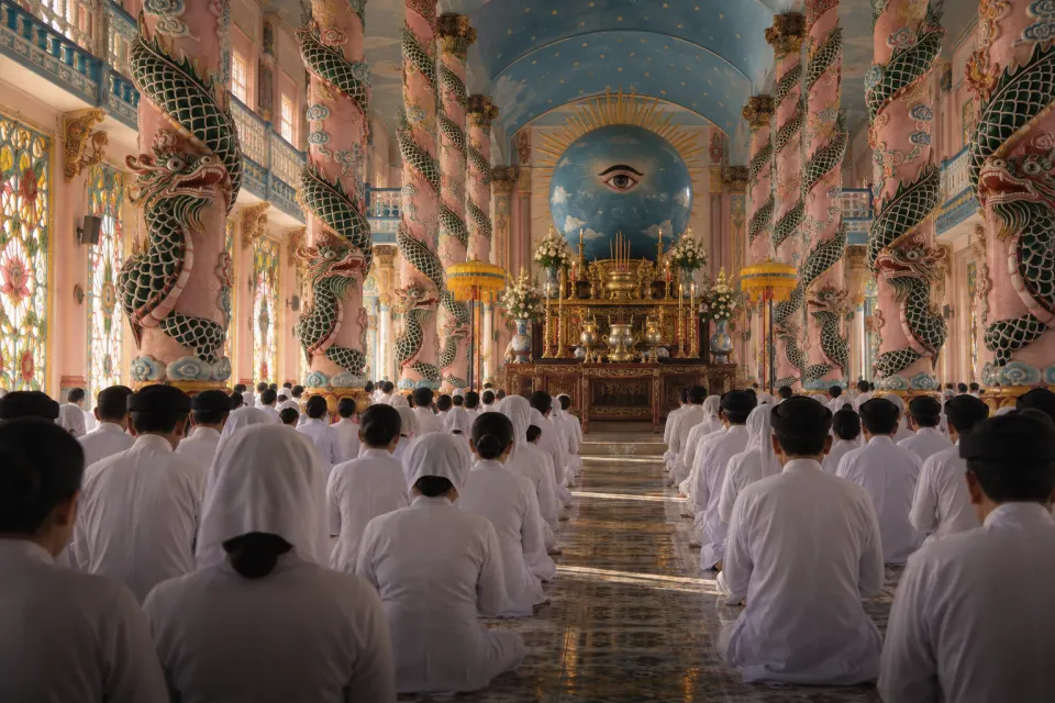 Cao Dai worshippers in white ao dai kneeling in rows in the Tay Ninh Holy See before the Divine Eye, offerings of incense, tea, wine and flowers on the altar, midday light through high windows