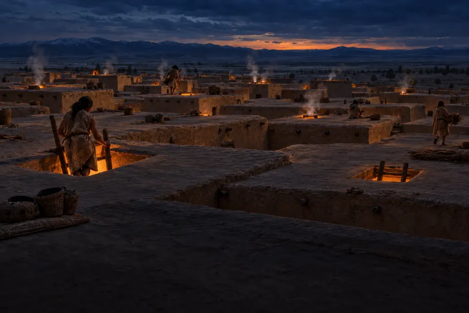 Mud-brick houses of Çatalhöyük packed together with no streets, people climbing ladders through roof openings, smoke from hearths, Konya Plain at night, firelight against cold dark sky, c. 7000 BCE