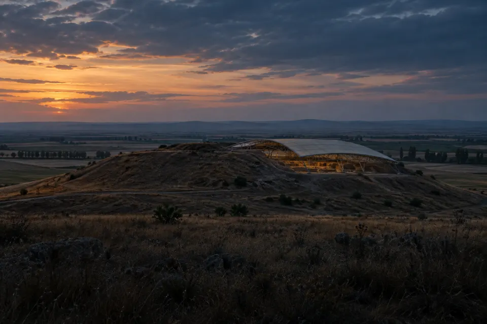 The East Mound of Çatalhöyük rising from the flat Konya Plain, a roofed excavation shelter on the summit, dry grass in the foreground, cold blue dusk with a faint glow