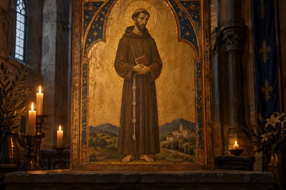 Francis of Assisi as a 13th-century Italian panel painting, tonsured, in a brown habit tied with a knotted cord, holding a small book, gold ground, Umbrian hills