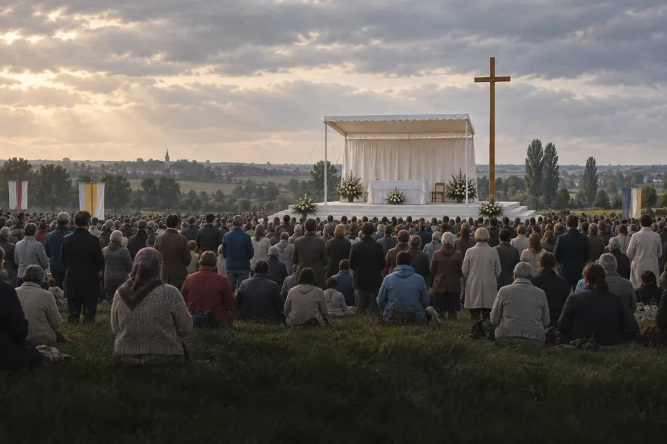 Illustration · AI-generated An empty white papal altar platform with a plain tall wooden cross, on a wide field in Poland, a late-20th-century open-air Mass, crowds of pilgrims seen from behind, overcast morning