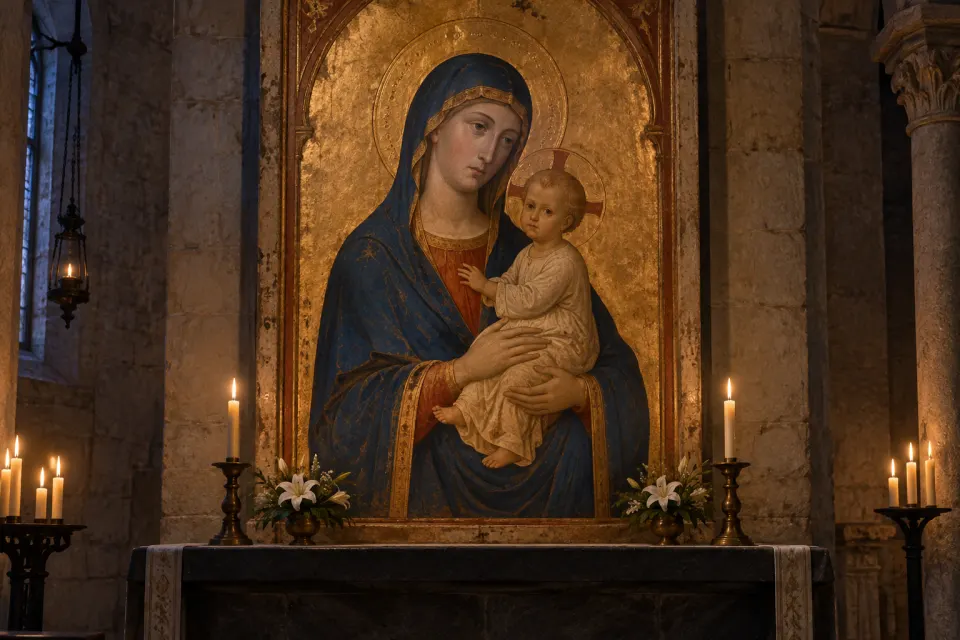 Illustration · AI-generated Mary, mother of Jesus, with the Christ child, as a 14th-century Sienese gold-ground panel painting, blue mantle with gold border, halo, candlelit church altar setting