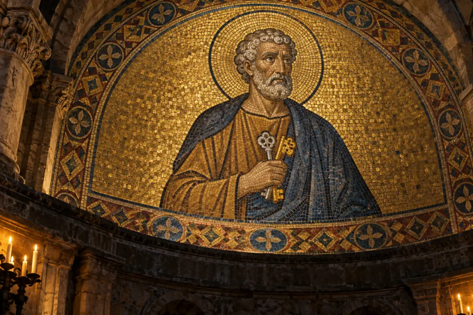 Saint Peter as a medieval Roman apse mosaic, white curly hair and short beard, holding two keys, ochre tunic and blue mantle, halo, gold tesserae ground