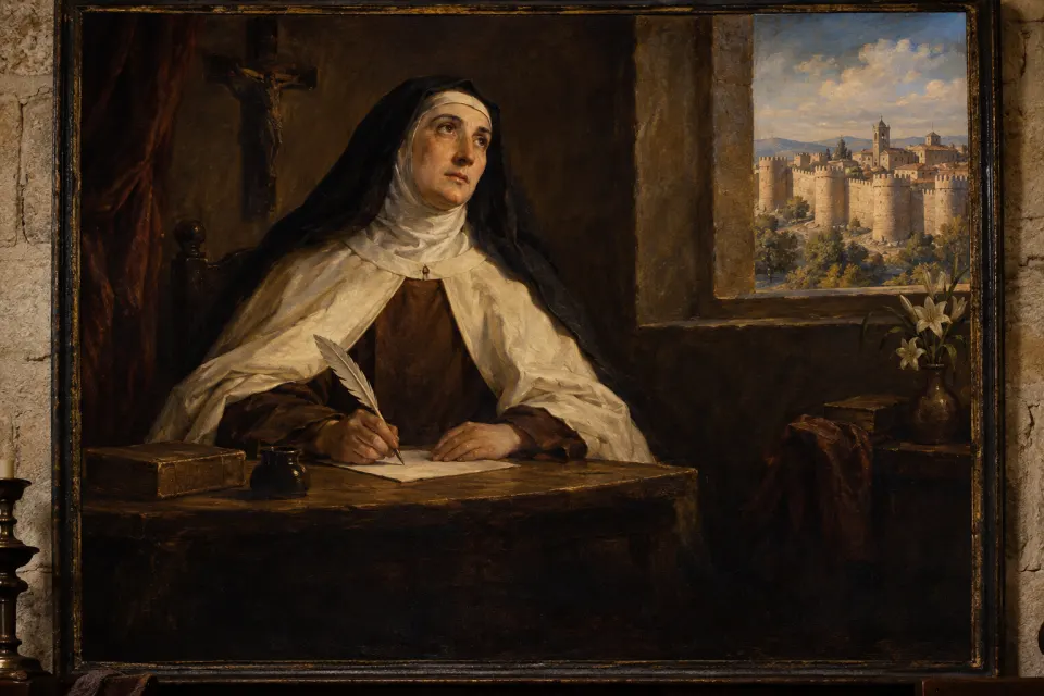 Illustration · AI-generated Teresa of Ávila as a 17th-century Spanish Baroque oil portrait, a Carmelite nun in brown habit and white mantle, quill in hand at a plain table, the walls of Ávila behind