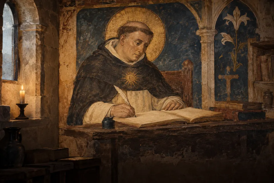 Thomas Aquinas as a 14th-century Italian fresco, a stout Dominican friar in white habit and black cloak, seated at a desk writing with a quill, a codex open before him, soft lamplight