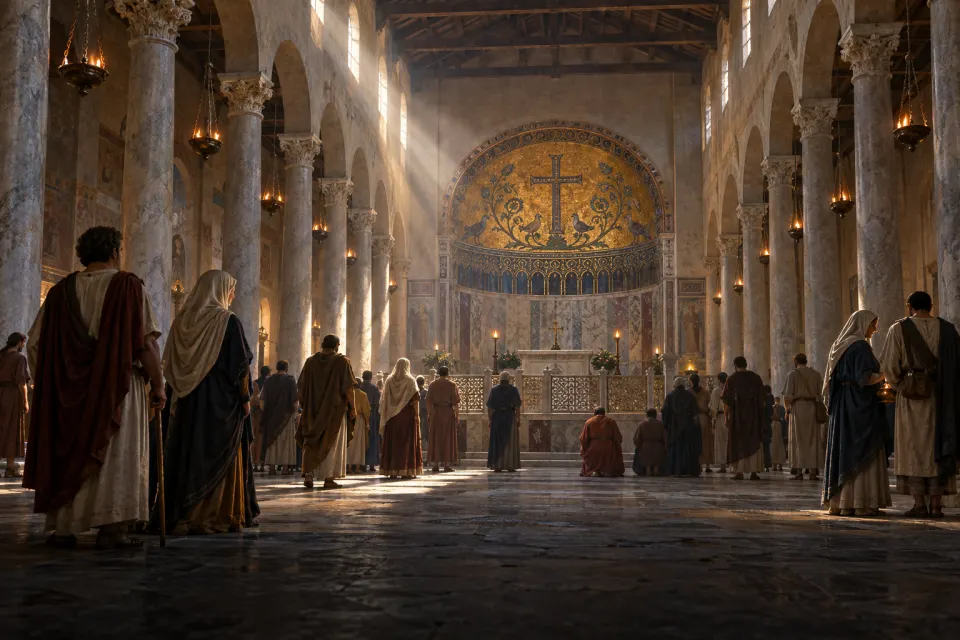 Pilgrims in 5th-century Roman dress at the shrine of Peter in an early basilica in Rome, marble columns, oil lamps and an apse mosaic, hard shafts of noon sun through high windows