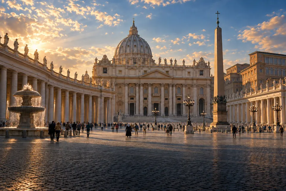 St Peter's Basilica from Bernini's colonnaded piazza in Rome, Michelangelo's dome rising over the facade, pilgrims small on the cobbles, clear early morning light