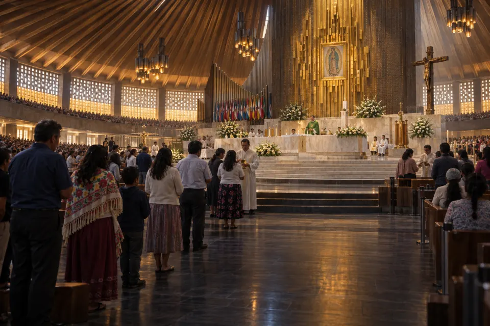 Sunday Mass at the Basilica of Our Lady of Guadalupe, Mexico City, families in everyday present-day clothes in the communion line, a priest in vestments at the distant altar, warm light