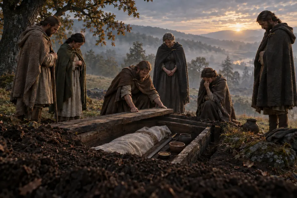 Celtic mourners in wool cloaks closing a chieftain's grave with an iron sword, pottery and food vessels in a timber-lined pit, La Tène period c. 450 BCE, misty dawn on a European hillside
