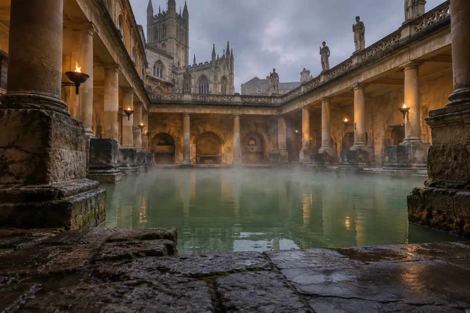 The steaming green water of the Roman Great Bath and sacred spring at Bath, stone terrace and weathered pillars, mist rising in damp overcast light
