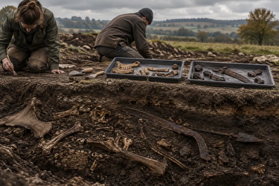 Cattle, pig and sheep bones laid in rows in the ditch of the Iron Age sanctuary at Gournay-sur-Aronde, Gaul, bent iron weapons among them, archaeologists' trays, cold overcast light