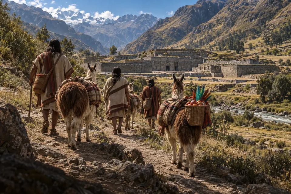 Pilgrims leading llamas up the Mosna valley toward the stone temple of Chavin de Huantar, c. 900 BCE, carrying coastal shells and bright forest feathers, Andean peaks behind, hard noon sun