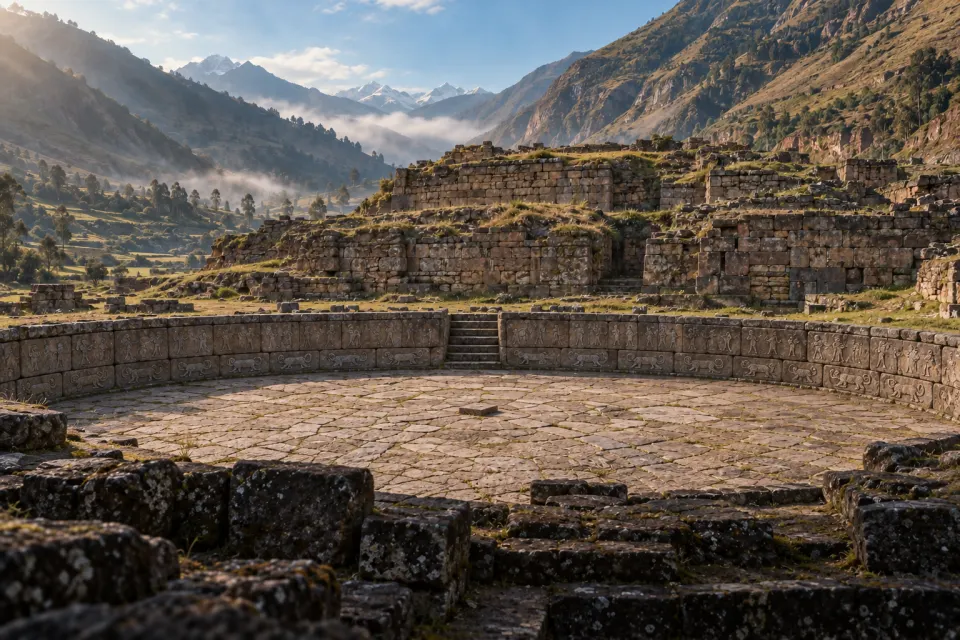 The sunken circular plaza and stone terraces of the Old Temple at Chavin de Huantar in the Peruvian Andes, snow peaks of the Cordillera Blanca beyond, thin morning mist at high altitude