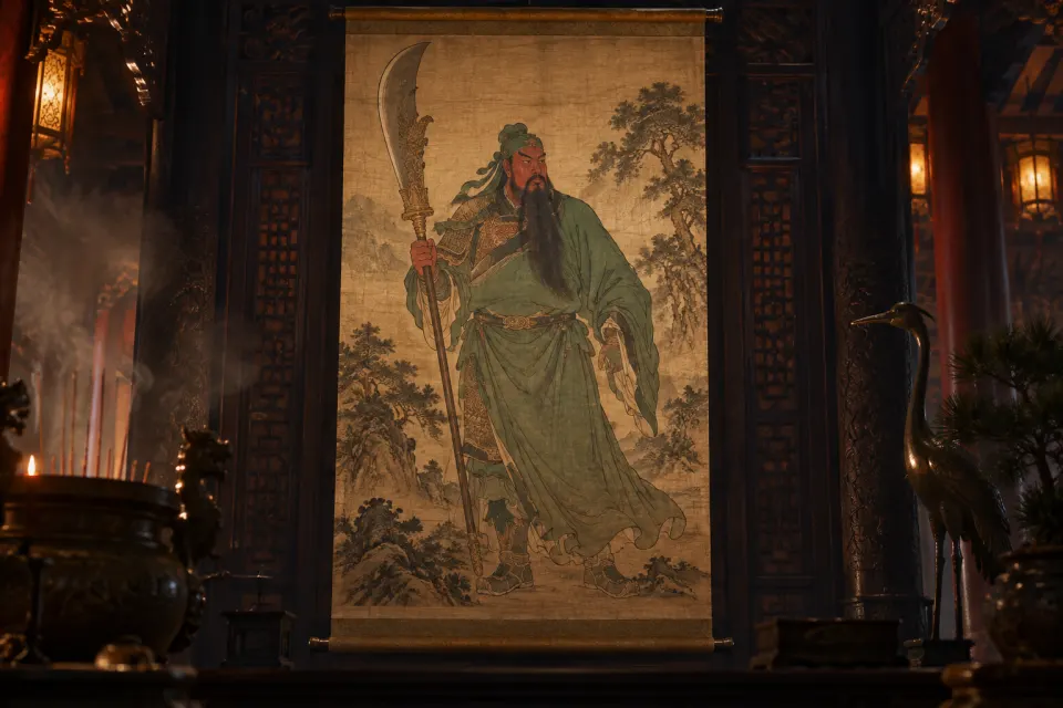 Illustration · AI-generated Guandi, god of war, as a Ming-dynasty painted hanging scroll: red-faced, long-bearded, in a green robe, holding the Green Dragon crescent blade, standing in a temple hall