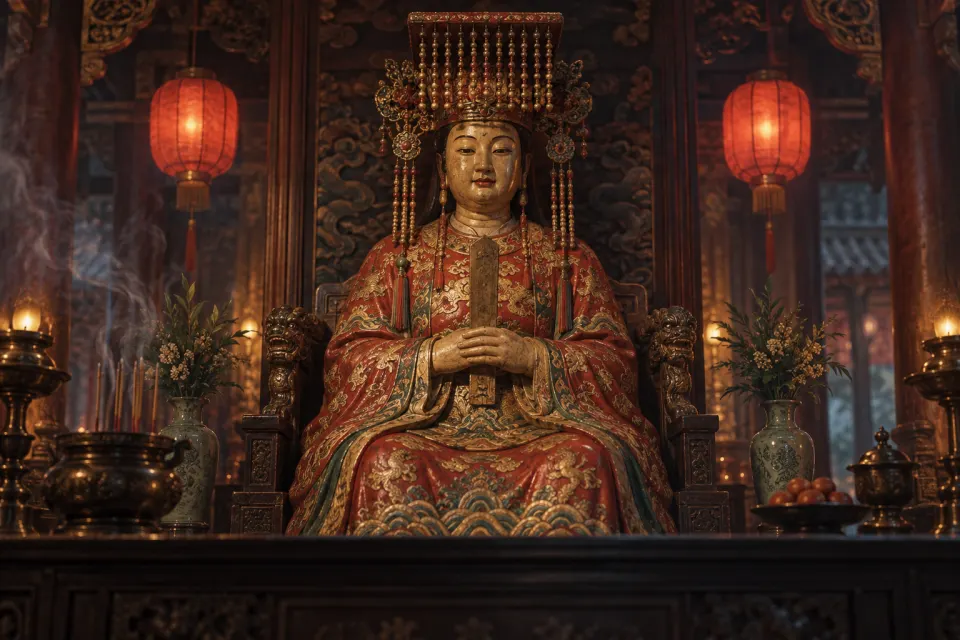 Mazu as a Taiwanese temple statue, gilded wooden goddess seated in an embroidered red robe and beaded crown holding a tablet, on a carved altar with incense smoke and red lanterns