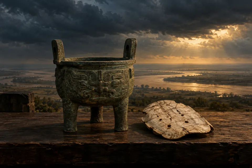 Shangdi, the Shang high god, evoked without any body: a bronze ding with taotie pattern beside a cracked oracle plastron on the Yellow River plain beneath a vast brooding sky of storm cloud