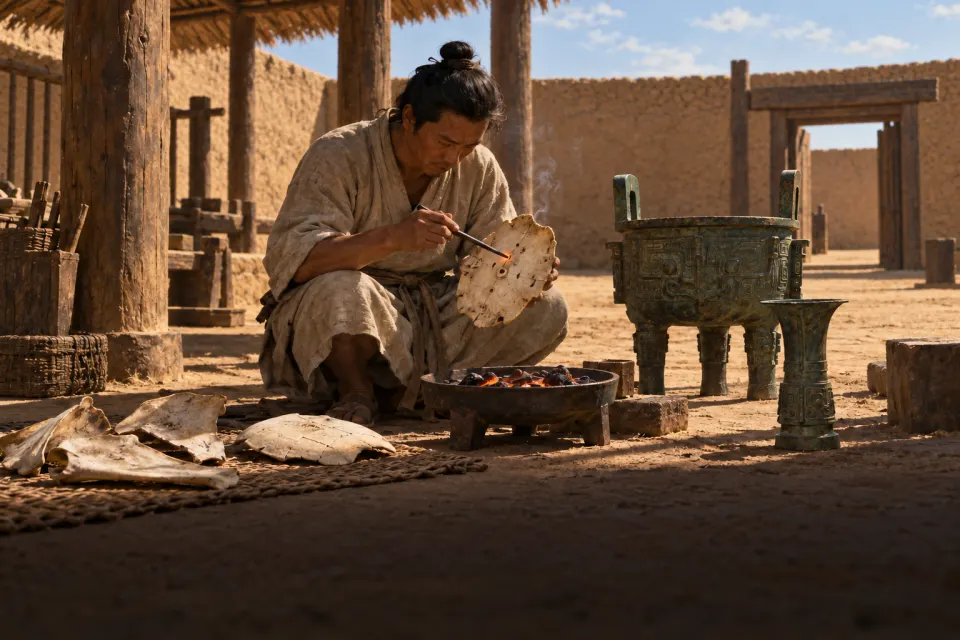 A Shang diviner in a plain robe heating a turtle plastron over coals in a rammed-earth courtyard at Anyang, c. 1200 BCE, bronze vessels beside him, cracked oracle bones on a mat, hard noon sun