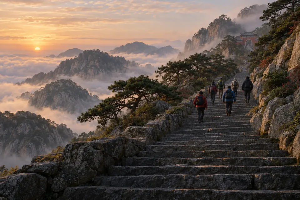 Pilgrims in modern dress climbing the stone steps of Mount Taishan, Shandong, under old pines, a sea of cloud below the granite peaks, misty dawn