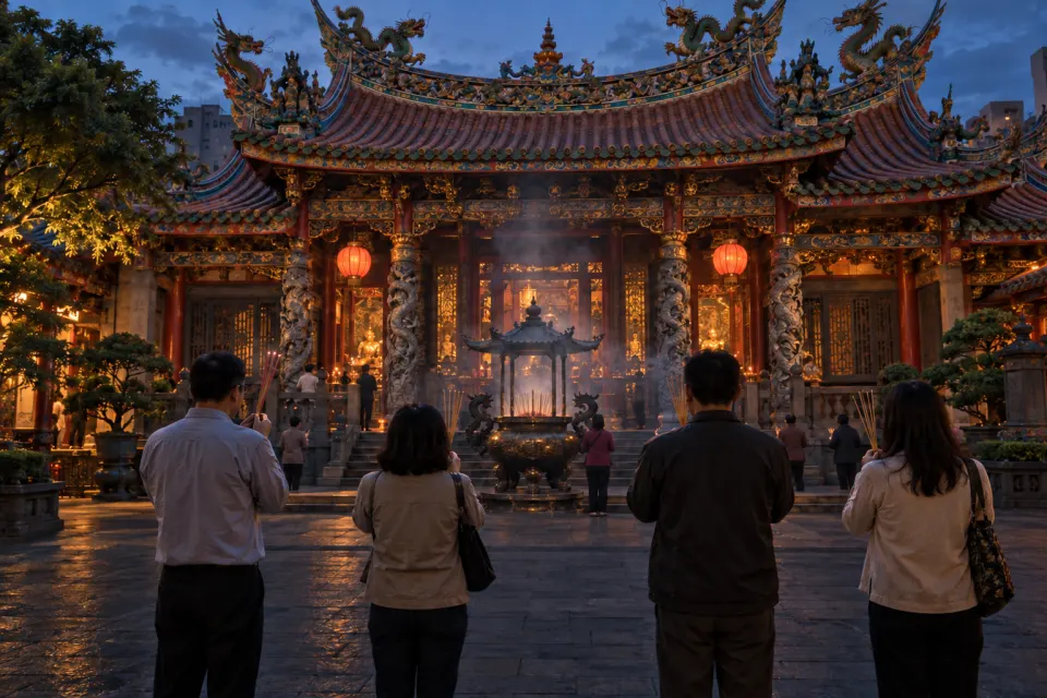 Worshippers in everyday modern clothes holding sticks of incense before the main hall of Longshan Temple in Taipei, thick incense smoke, red lanterns, dusk