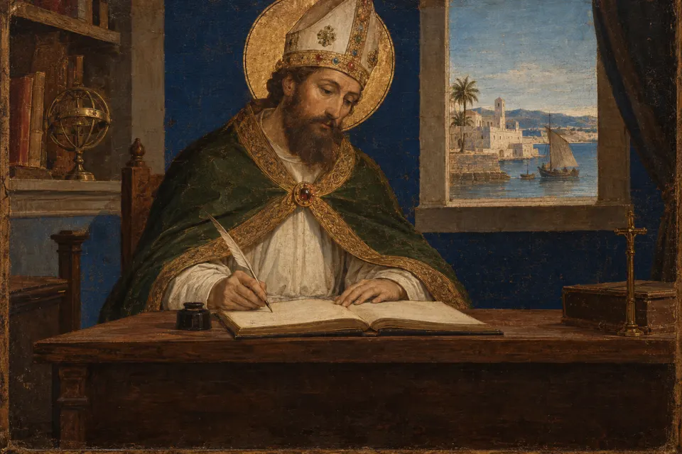 Augustine of Hippo as a 15th-century Italian panel painting, bishop in mitre and green cope, writing with a quill at a desk with an open codex, North African harbour glimpsed behind