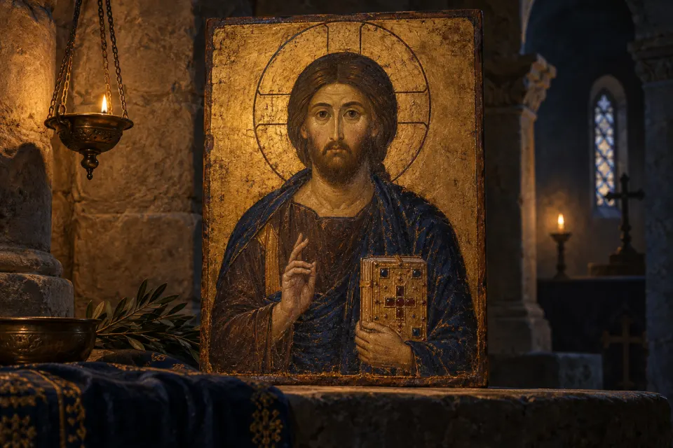 Illustration · AI-generated Christ Pantokrator as a 6th-century Byzantine encaustic icon, right hand raised in blessing, left holding a gospel book, cross halo, gold ground, the face painted and calm