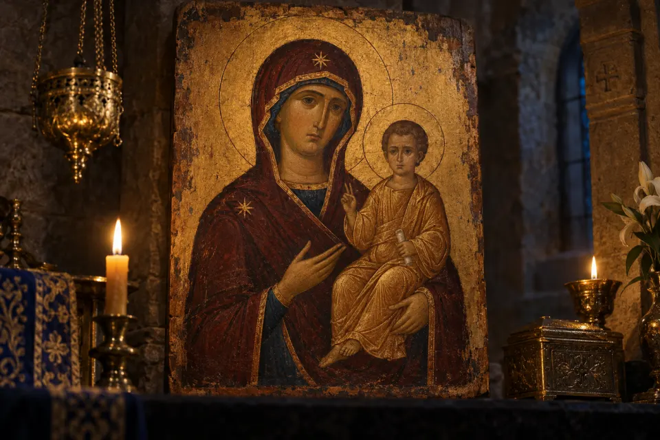 Mary Theotokos holding the child Jesus as a Byzantine Hodegetria icon, dark maphorion with three gold stars, halo, gold ground, painted with egg tempera