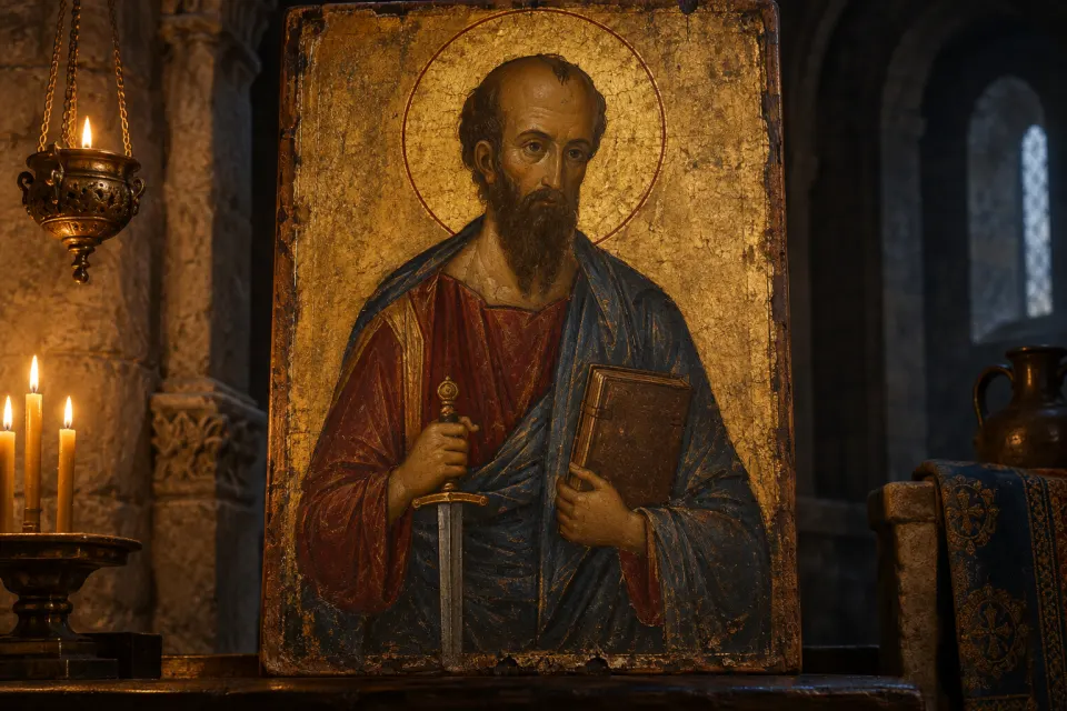 Illustration · AI-generated Paul of Tarsus as an early Byzantine icon, balding with a long dark pointed beard, holding a codex of his letters and a sword, red and blue robes, gold ground