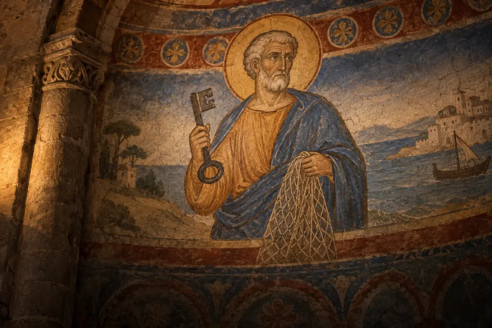 Illustration · AI-generated Peter the fisherman as a 12th-century Romanesque apse fresco, short white curly hair and beard, holding a large key and a fishing net, ochre and blue cloak