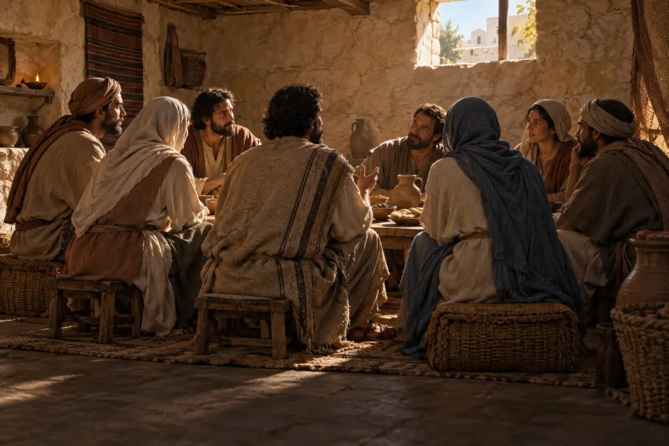 The first believers gathered in an upper room in Jerusalem, c. 30 CE, Jewish men and women in plain linen tunics seen mostly from behind around a low table, hard noon sun on limestone walls