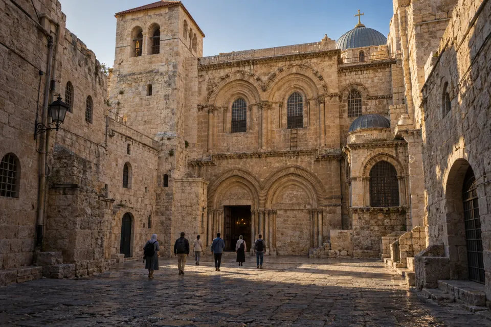 Church of the Holy Sepulchre, Jerusalem, the Crusader facade and domes above the stone forecourt, pilgrims small on the paving, low early morning light and long shadows