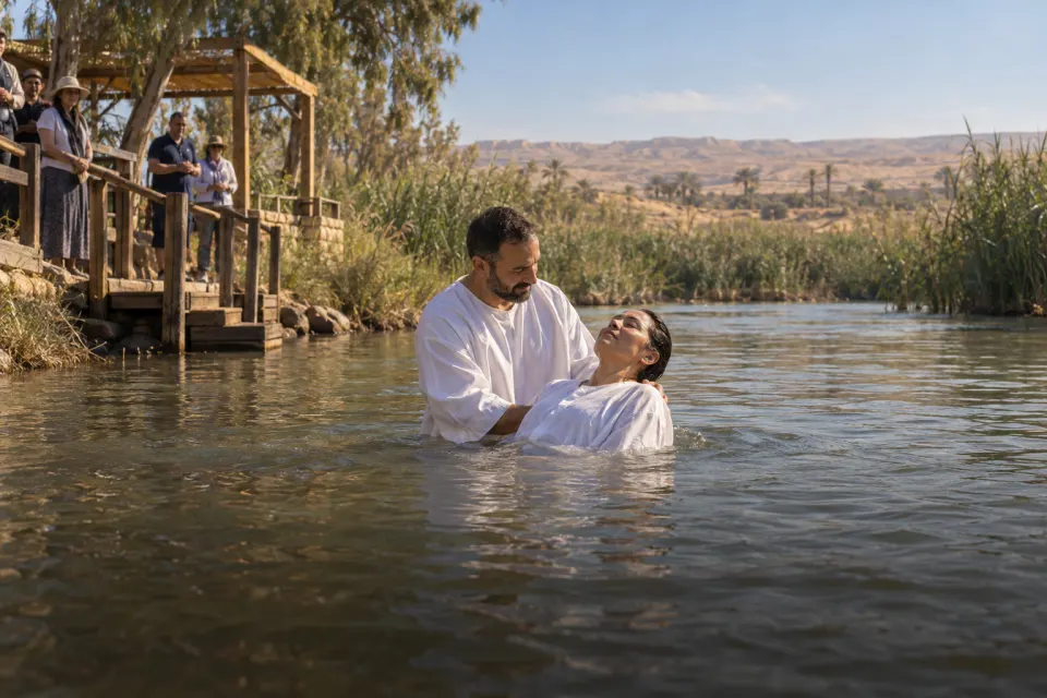 Christian pilgrims in white robes being baptised by full immersion in the River Jordan at Qasr al-Yahud, a minister standing waist-deep, present-day dress on the bank, bright morning light