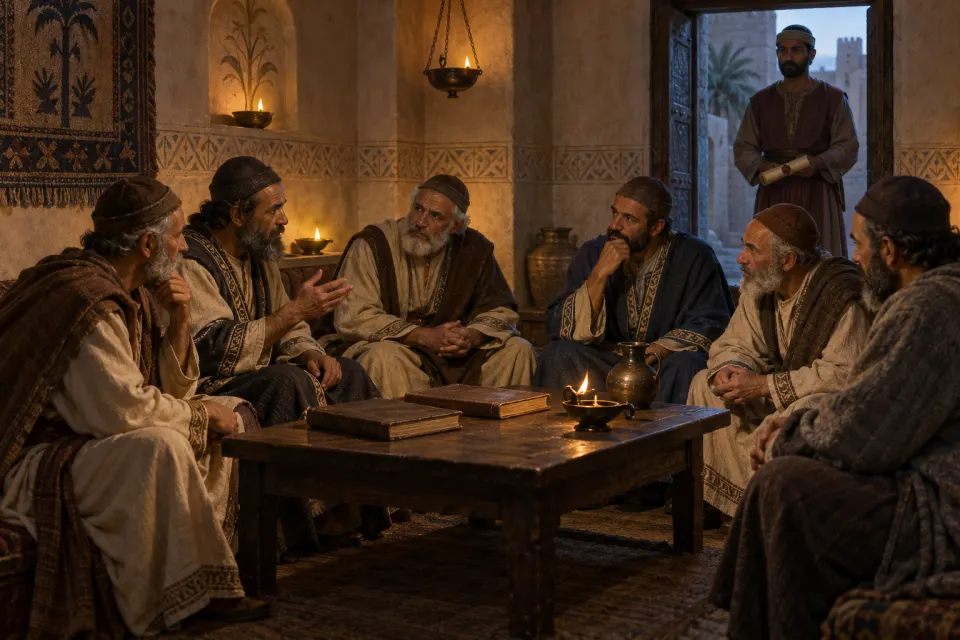 Bishops in long Persian-style tunics and caps gathered at the Sasanian capital Seleucia-Ctesiphon in 410, a king's envoy at the door, stucco walls and bronze lamps, deep amber lamplight