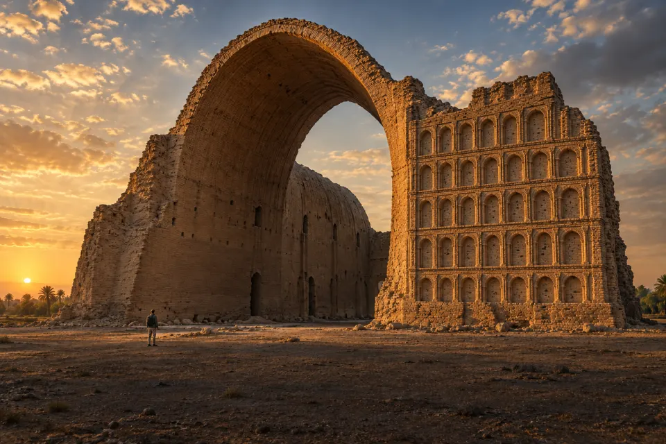 Ṭāq Kisrā at Ctesiphon, the great vaulted brick hall of the Sasanian palace on the Tigris plain, partly ruined, a lone visitor at its foot, low late-afternoon light on warm brick