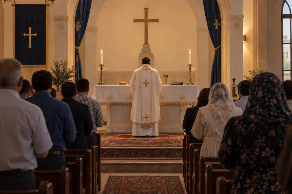 The Qurbana in Syriac in a parish church in Ankawa, Erbil, a priest in white vestments at the altar with bread and a chalice, congregation in present-day dress standing, candle amber light