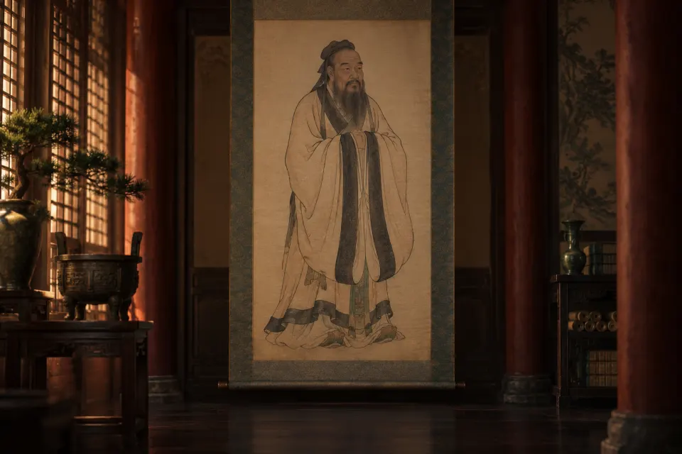 Illustration · AI-generated Confucius as a Ming-dynasty ink-and-colour hanging scroll portrait, standing in wide-sleeved scholar's robes and ceremonial cap, long beard, hands folded, silk backdrop